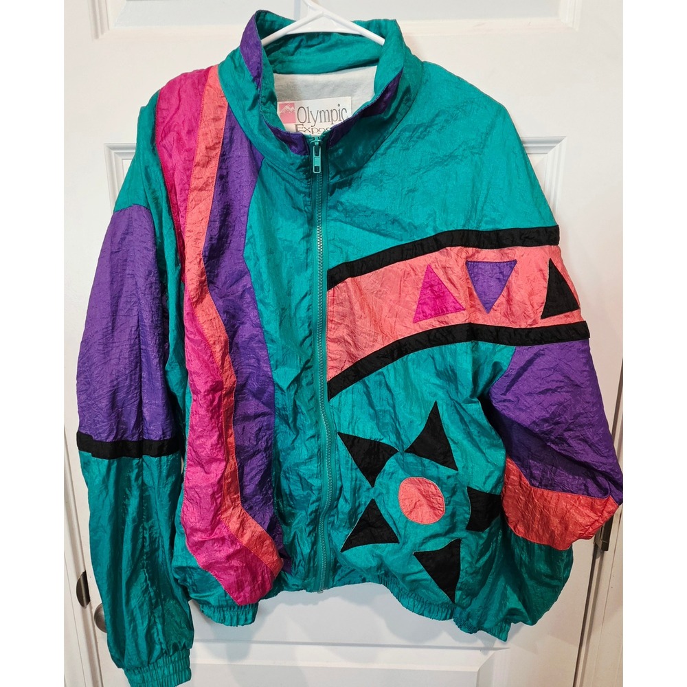 Olympic Exposure Windbreaker Jacket Unisex Large Teal Nylon Vintage Y2K Retro